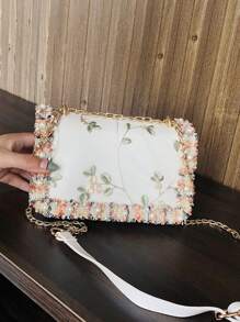 Mini Floral Embroidery Chain Shoulder Bag - White - View 3