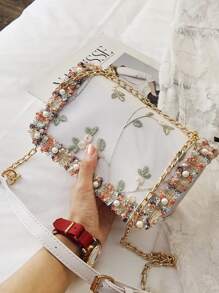 Mini Floral Embroidery Chain Shoulder Bag - White - View 5
