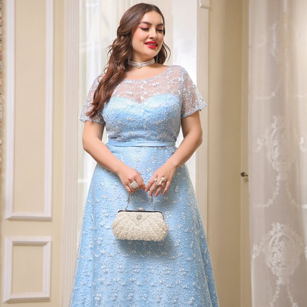 

Plus Floral Embroidered Mesh Overlay Dress, Baby blue