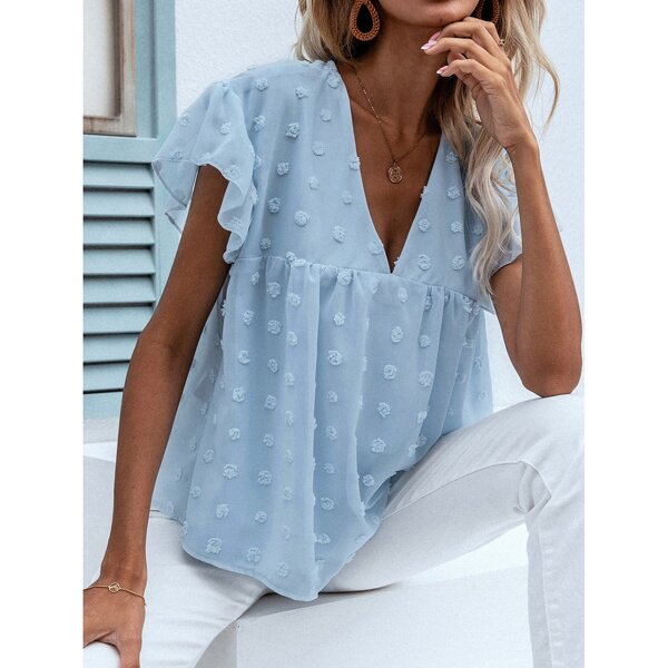 

Swiss Dot Flounce Sleeve Chiffon Blouse, Baby blue