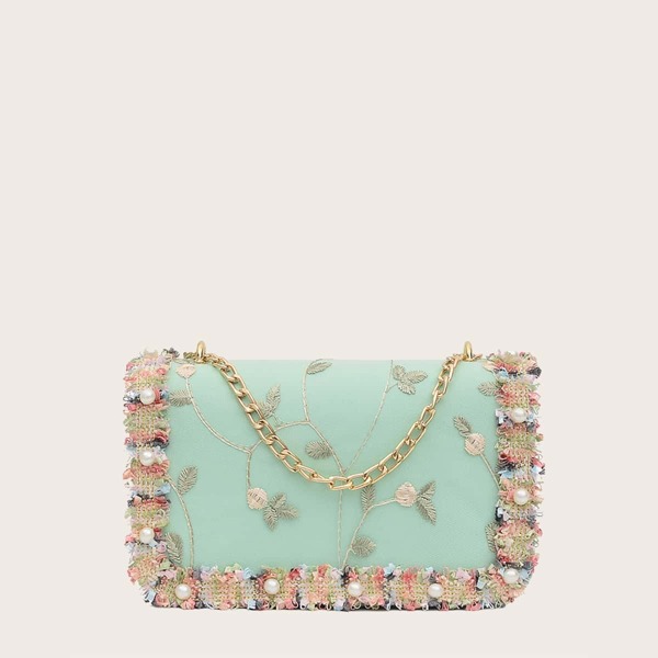 

Faux Pearl Decor Embroidered Chain Bag, Green