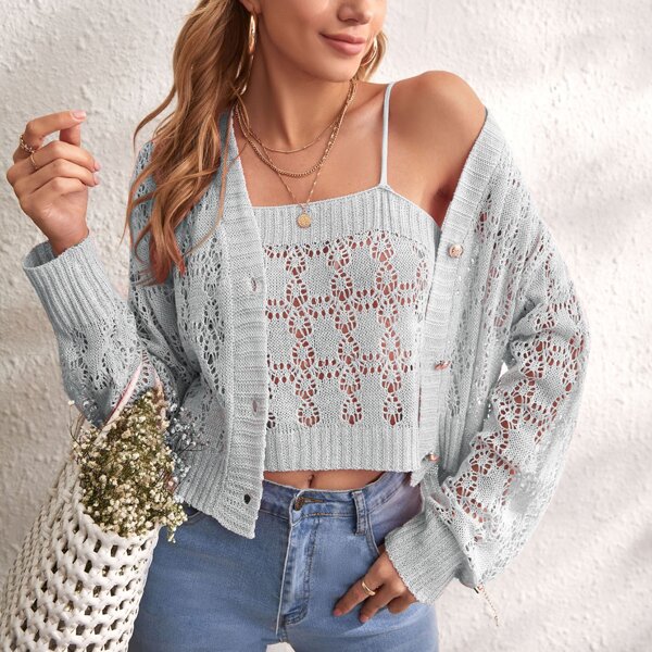 

Button Front Cardigan & Camisole Set, Light grey