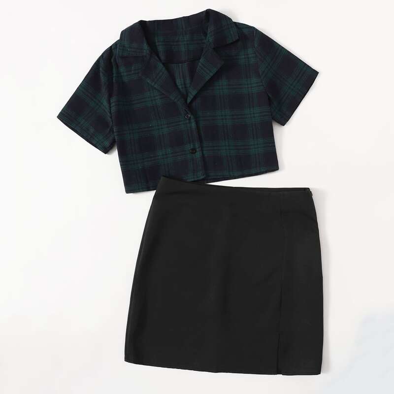 

Plaid Button Front Shirt & Plaid Skirt, Multicolor