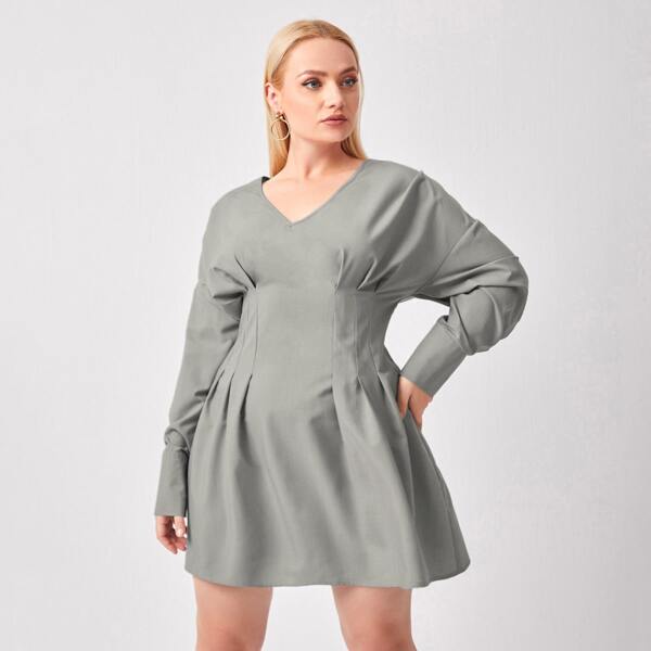 

Plus Drop Shoulder Ruched Waist Dress, Grey