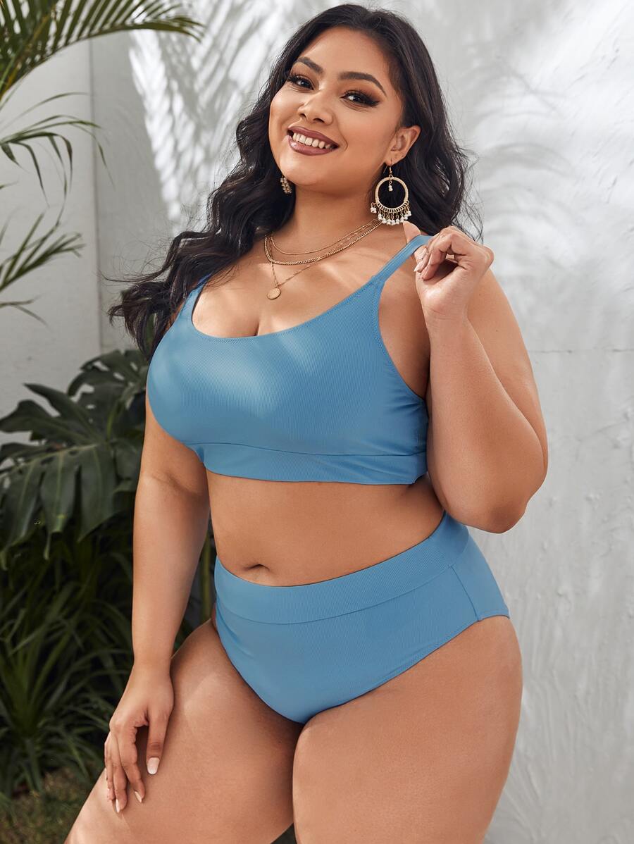 大码罗纹比基尼套装夏日海滩 - 藍色 - 查看 1