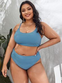 大码罗纹比基尼套装夏日海滩 - 藍色 - 查看 4