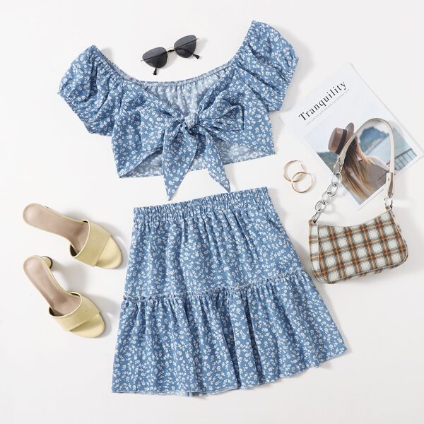 

Ditsy Floral Tie Front Top & Skirt Set, Blue