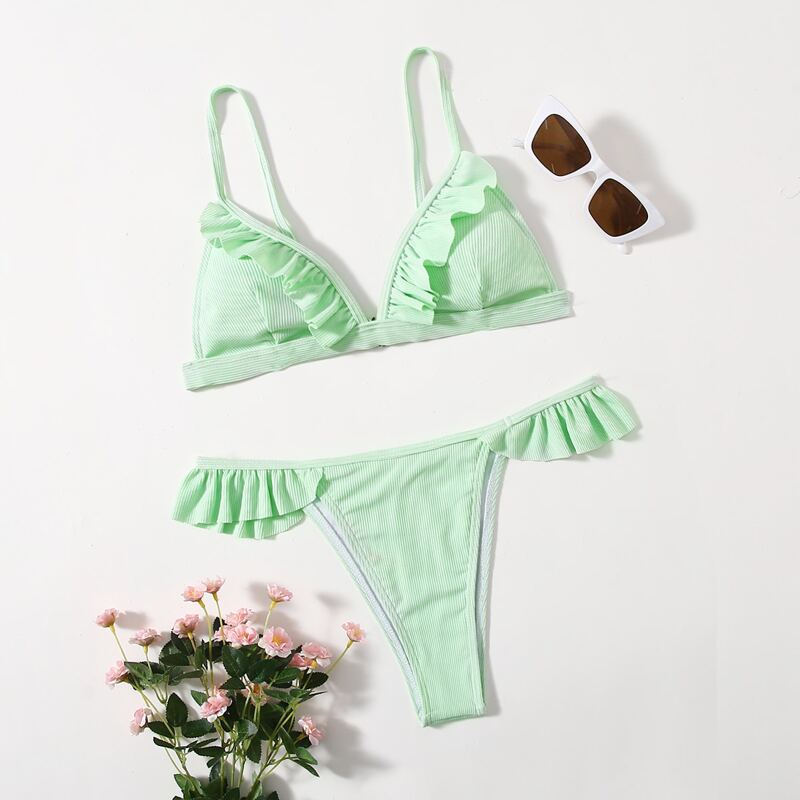 

Solid Ruffle Rib Bikini Swimsuit, Green