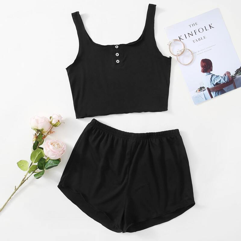 

Solid Crop Tank & Shorts PJ Set, Black