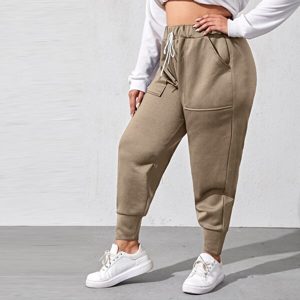 

Plus Drawstring Waist Pocket Detail Sweatpants, Brown