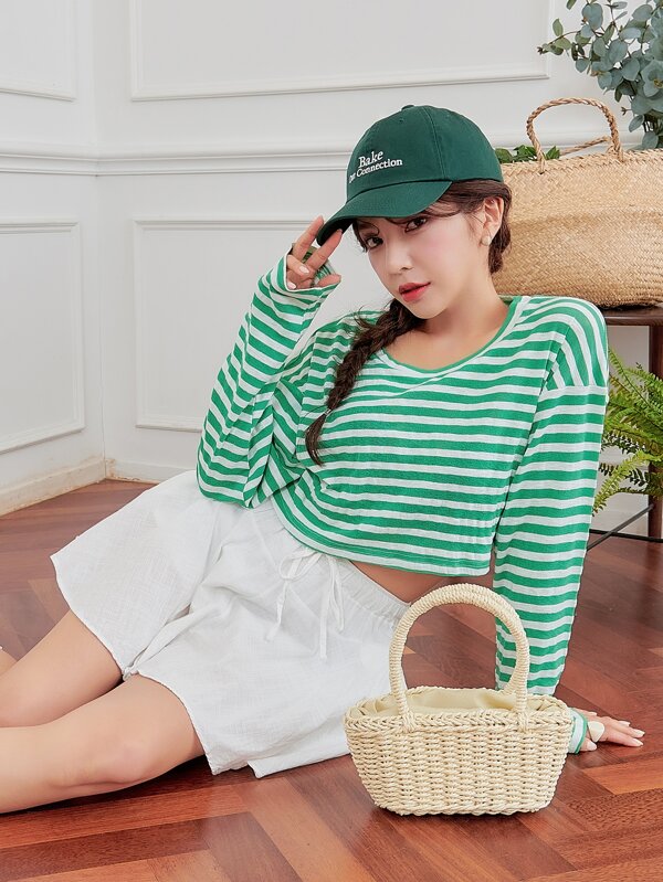 DAZY ストライプ柄 ドロップショルダー Tシャツ