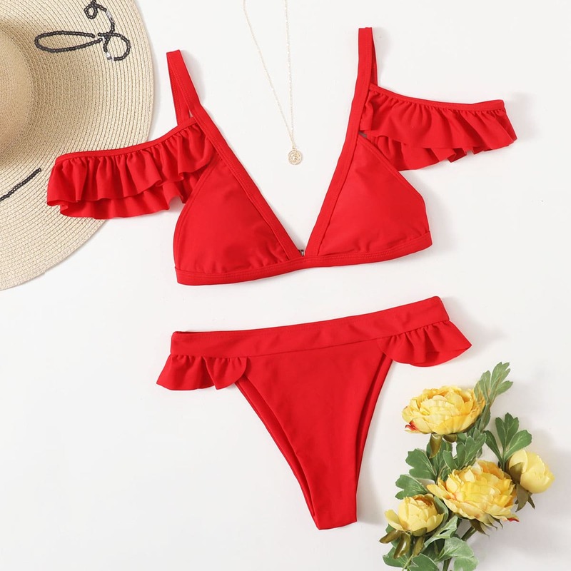 

Ruffle Trim Bikini Swimsuit, Red