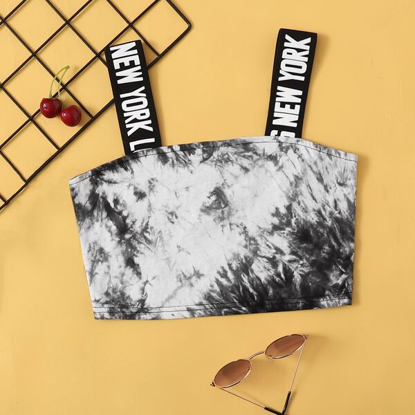

Plus Letter Strap Tie Dye Cami Top, Black and white