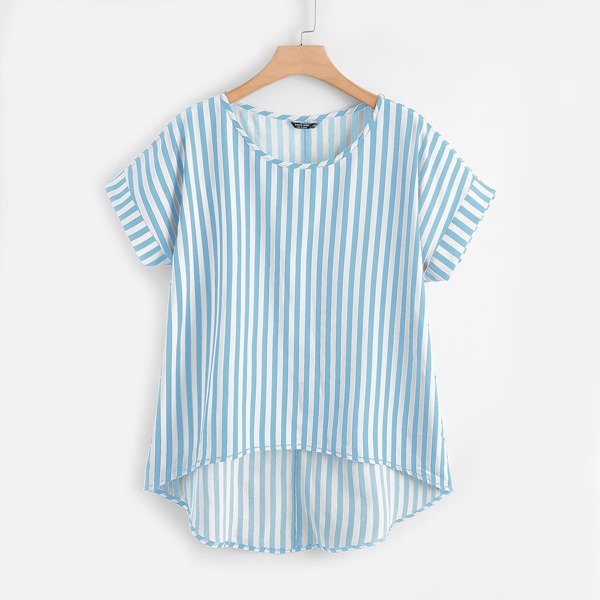 

Plus Striped Print High Low Hem Blouse, Baby blue
