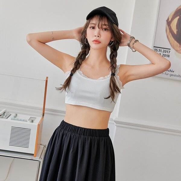 

Contrast Lace Ribbed Crop Cami Top, White