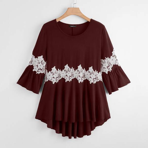 

Plus Lace Panel High Low Tee, Maroon