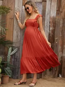 SHEIN Maternidad vestido ribete con fruncido de espalda abierta con cordón - Color caoba - Ver 1
