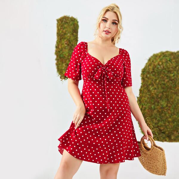 

Plus Polka Dot Bow A-line Dress, Burgundy