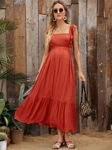 SHEIN Maternidad vestido ribete con fruncido de espalda abierta con cordón - Color caoba - Ver 5