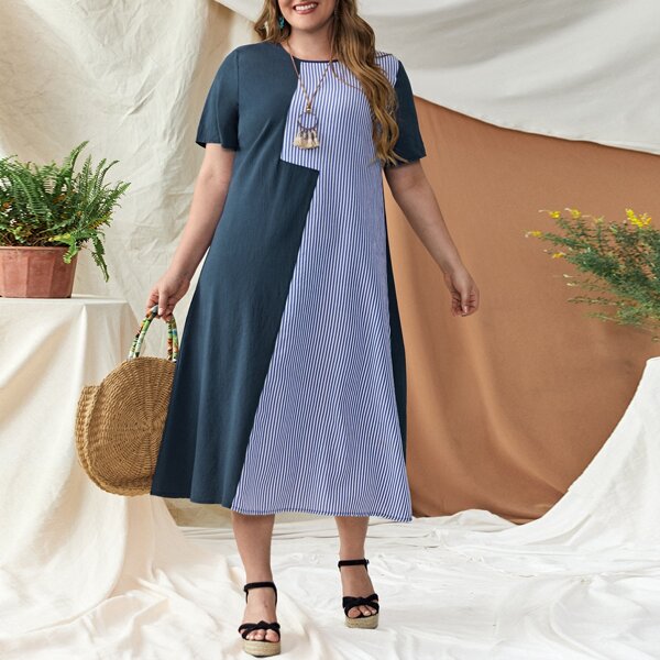 

Plus Contrast Striped Tunic Dress, Multicolor