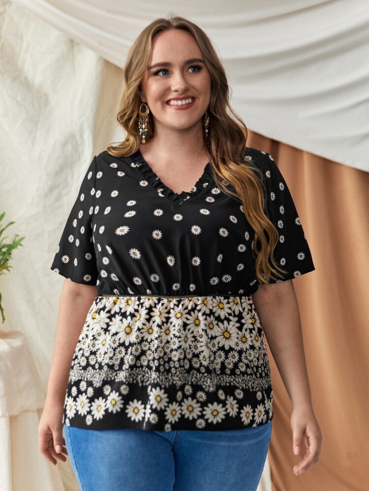 Plus Daisy Floral Peplum Blouse - Black - View 1
