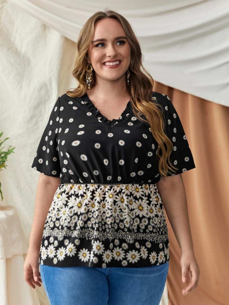 Plus Daisy Floral Peplum Blouse - Black - View 1