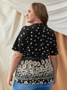 Plus Daisy Floral Peplum Blouse - Black - View 2