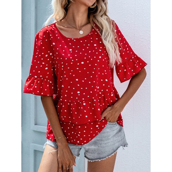 

Polka Dot Layered Ruffle Hem Blouse, Red