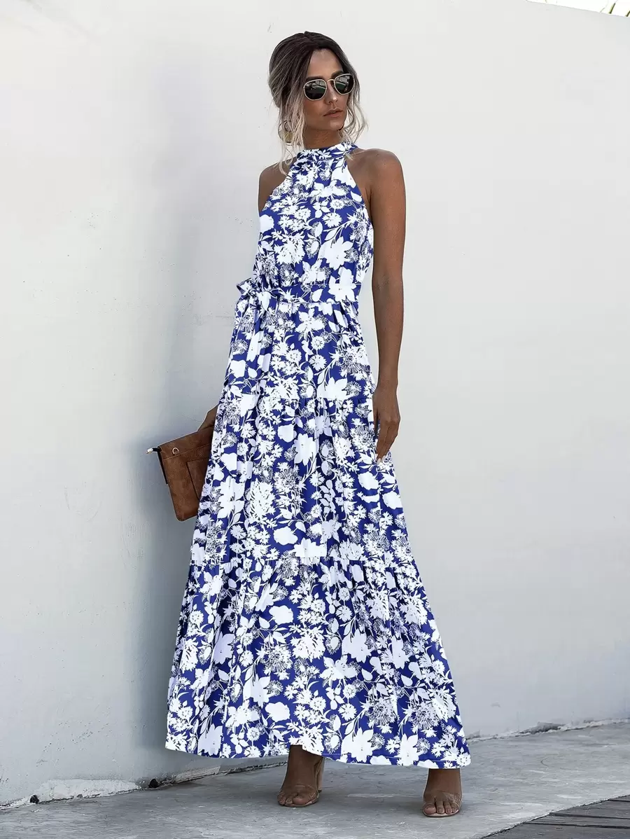 SHEIN Holidaya Halter Belted Ruffle Hem Floral Dress - Blue and White - View 1