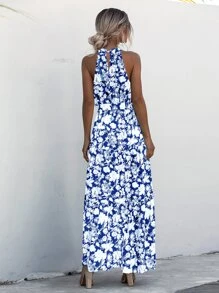 SHEIN Holidaya Halter Belted Ruffle Hem Floral Dress - Blue and White - View 2