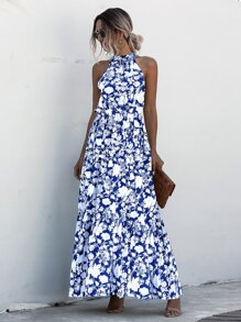 SHEIN Holidaya Halter Belted Ruffle Hem Floral Dress - Blue and White - View 3