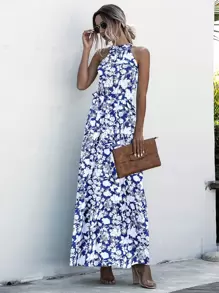 SHEIN Holidaya Halter Belted Ruffle Hem Floral Dress - Blue and White - View 4