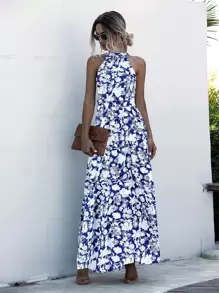 SHEIN Holidaya Halter Belted Ruffle Hem Floral Dress - Blue and White - View 5