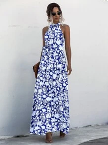 SHEIN Holidaya Halter Belted Ruffle Hem Floral Dress - Blue and White - View 7