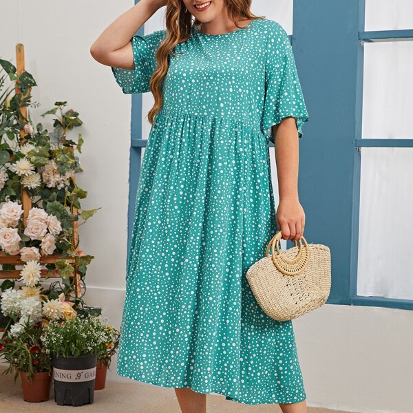 

Plus Polka Dot Smock Dress, Mint blue