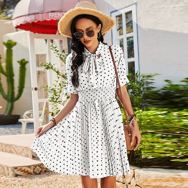 

Polka Dot Tie Neck Shirred Pleated Hem Dress, White