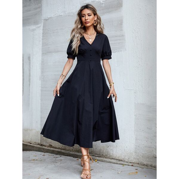 

Solid Button Front Puff Sleeve Dress, Black