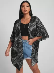 SHEIN Swim Curve Plus Paisley Print Asymmetrical Hem Kimono, For Summer Beach Vacation - Black and White - View 1