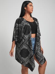 SHEIN Swim Curve Plus Paisley Print Asymmetrical Hem Kimono, For Summer Beach Vacation - Black and White - View 3