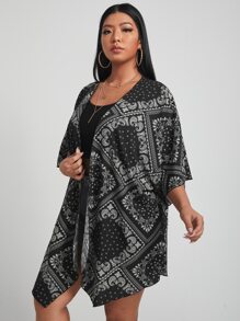 SHEIN Swim Curve Plus Paisley Print Asymmetrical Hem Kimono, For Summer Beach Vacation - Black and White - View 4