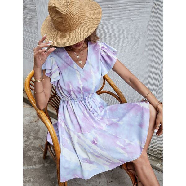 

Tie Dye Flutter Sleeve Knot Swing Dress, Multicolor