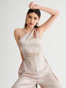 SHEIN 單肩開衩緞面珍珠腰帶連身長褲 - 杏色 - 查看 6