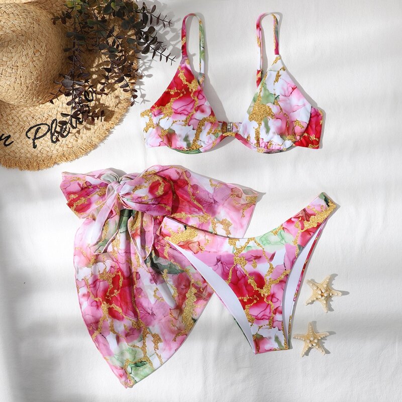 

3pack Marble Print Underwire Bikini Swimsuit & Beach Skirt, Multicolor