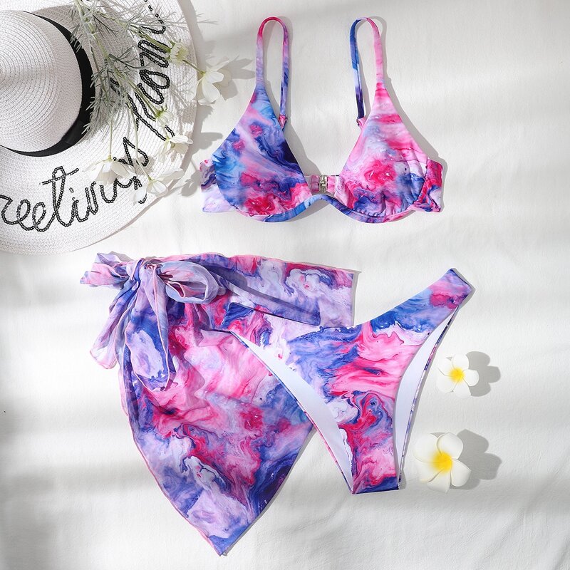 

3pack Marble Print Underwire Bikini Swimsuit & Beach Skirt, Multicolor
