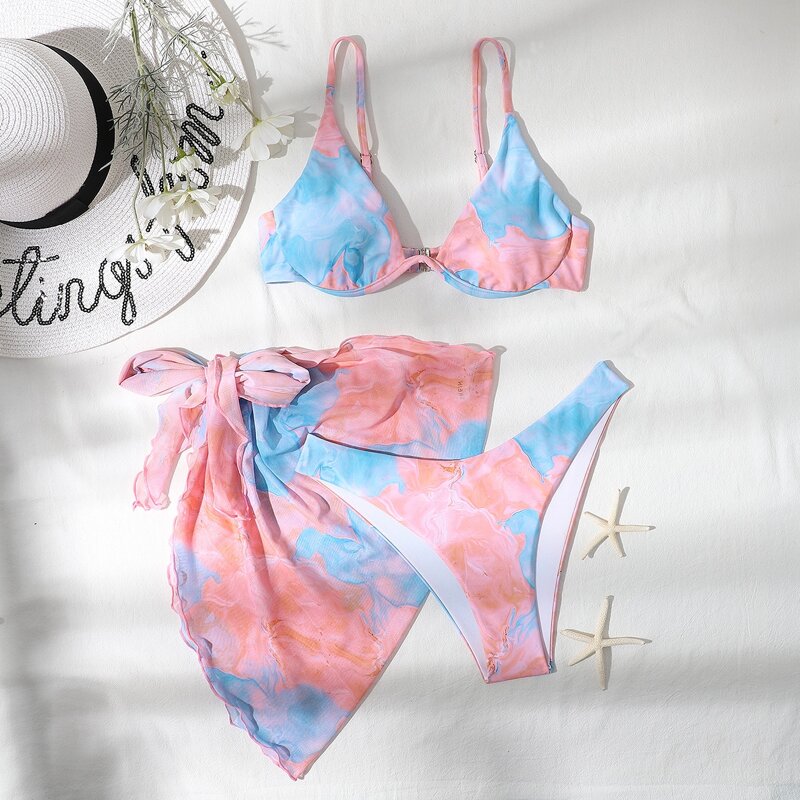 

3pack Tie Dye Bikini Swimsuit & Cover Up, Multicolor