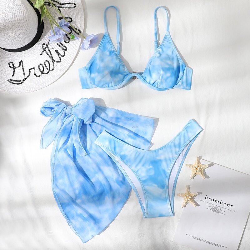 

3pack Tie Dye Bikini Swimsuit With Cover Up, Blue