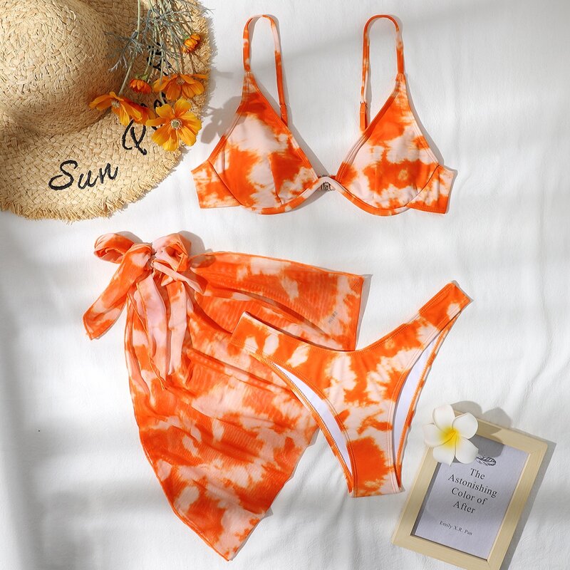 

3pack Tie Dye Underwire Bikini Swimsuit & Beach Skirt, Orange