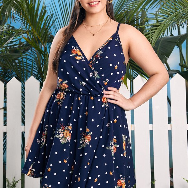 

Plus Floral & Dot Print Wrap Cami Romper, Navy blue