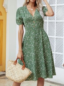 Breezaya Ditsy Floral Button A-line Dress - Green - View 1