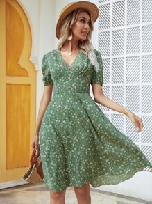 Breezaya Ditsy Floral Button A-line Dress - Green - View 3